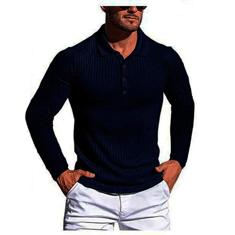 Man wearing a high elasticity slim knit summer shirt in a loose fit with short sleeves, shown in one of ten available colours.