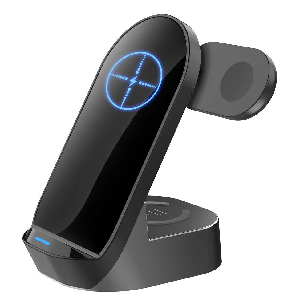 Black grey foldable 3-in-1 wireless charger vertical stand with phone, watch and headphone charging areas