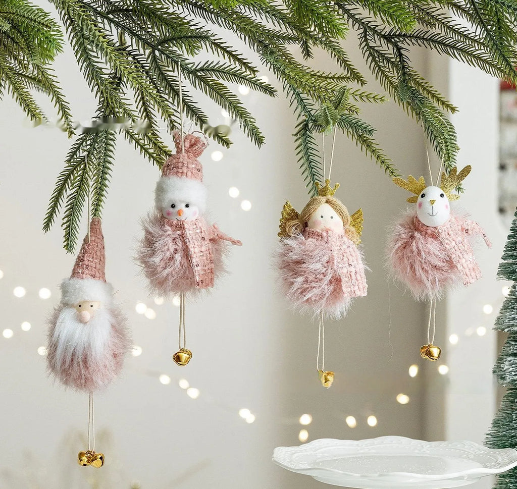 Pink plush snowman Christmas tree hanging decoration with stitched face