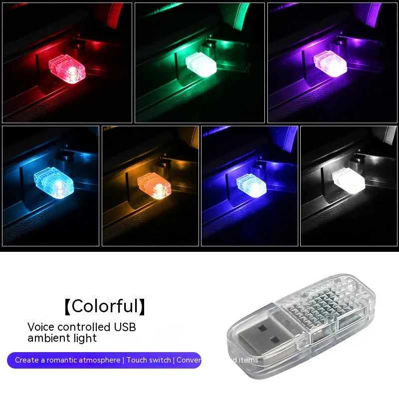 Multi-function USB car atmosphere light showing RGB and solid colour modes on a dashboard.