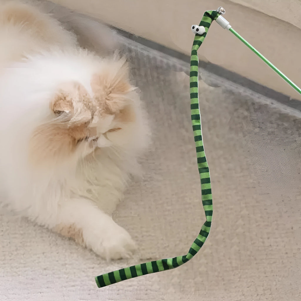 Cat wand toy with polycarbonate handle and long plush strip in vibrant colours