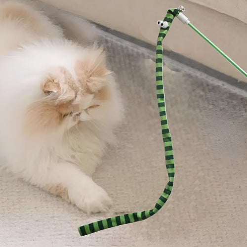 Cat wand toy with polycarbonate handle and long plush strip in vibrant colours