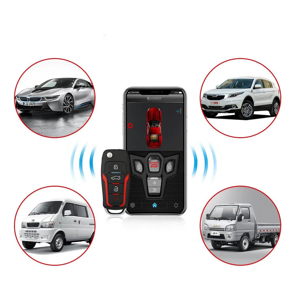 One-way car alarm system with red and frosted black casing, includes two remote controls for 3000 metre vehicle security