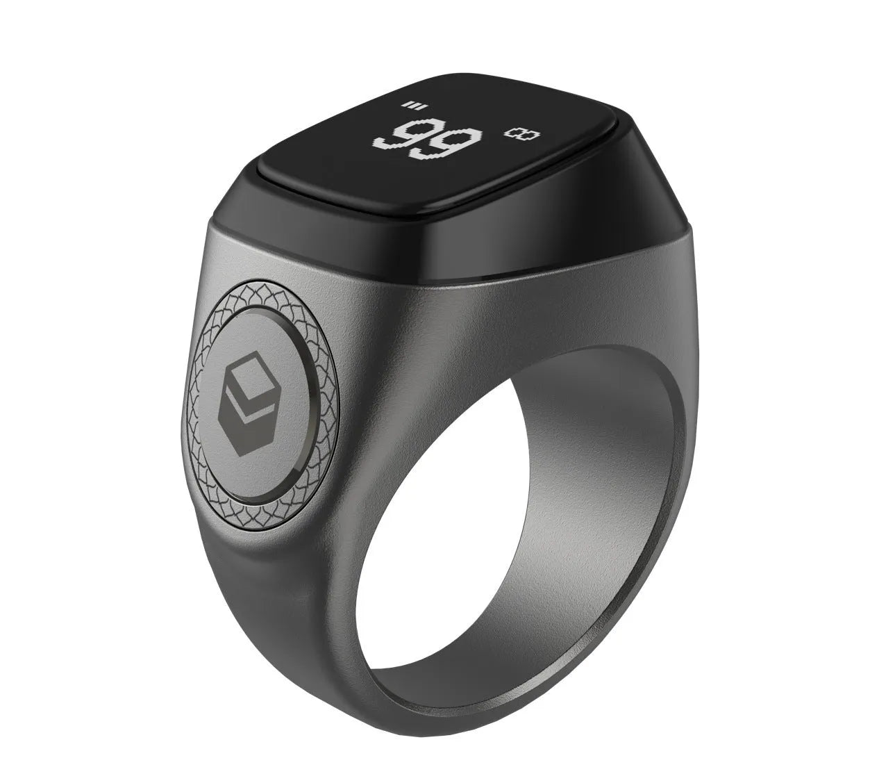 Zikr1 smart ring with OLED display showing prayer times, available in black, green, rose gold, and silver colours