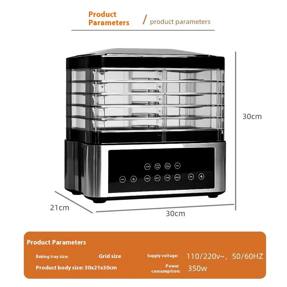 Silver stainless steel household fruit dehydrator with 14L capacity and temperature control dial