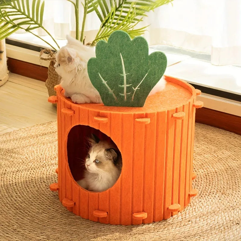 Orange carrot-shaped cat tunnel bed made of felt, showing its semi-enclosed design and entrance.