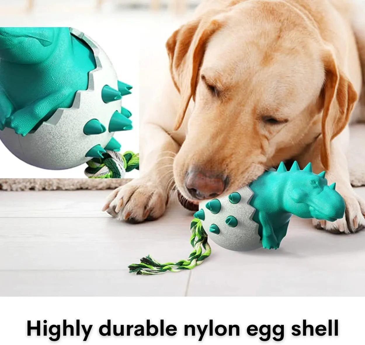 Blue dinosaur-shaped dog chew toy with rope element for aggressive chewers