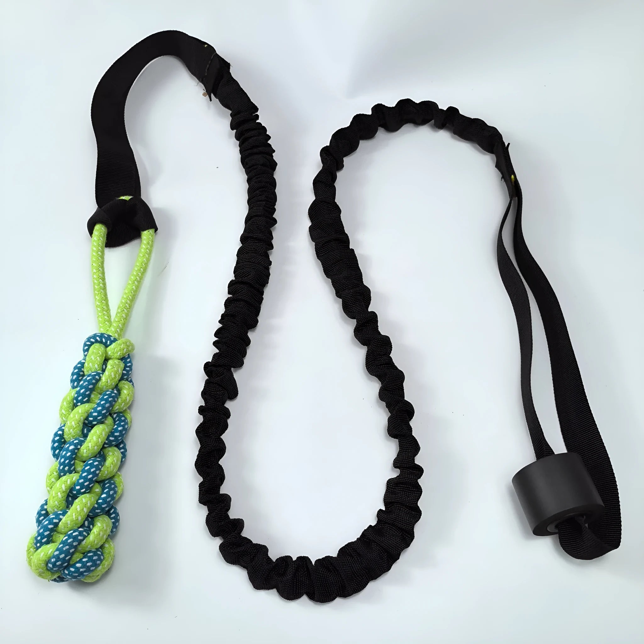 Cotton thread dog tug rope toy with green ball attachment for bite and pull play