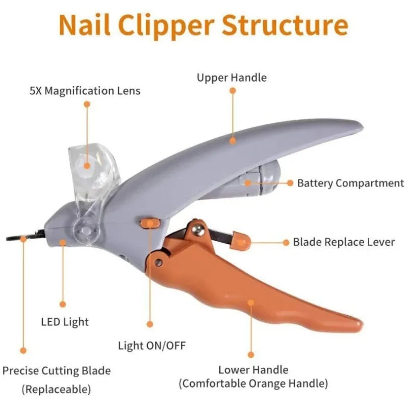 Yellow pet nail clipper with LED light and magnifying glass for dog and cat grooming
