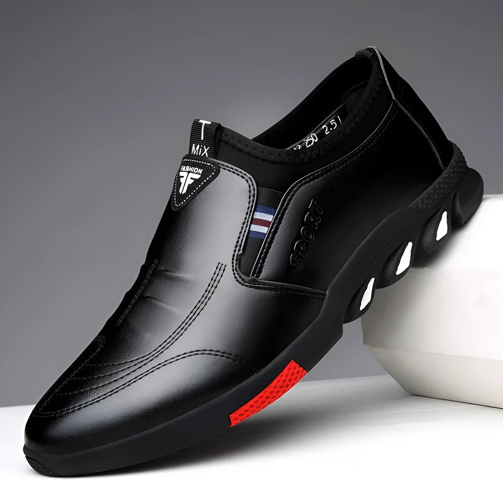 Men's black and brown PU leather business shoes with plain toe and flat heel.