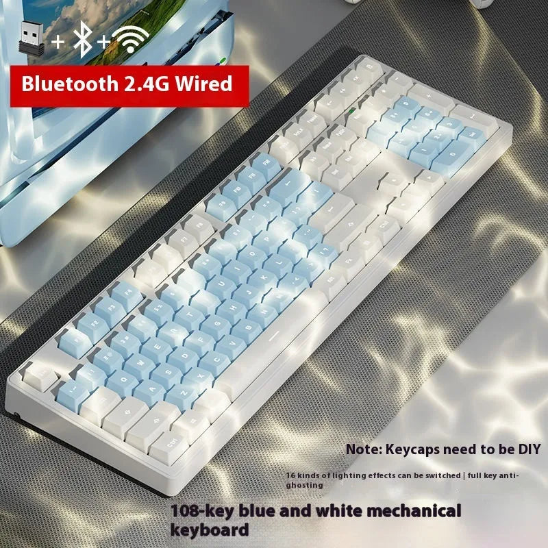 Triple-mode mechanical keyboard in various colour options showing 87-key and 108-key layouts