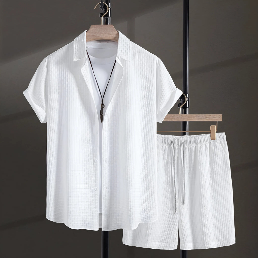 Men's white cotton blend beach shirt and shorts suit with loose cardigan style
