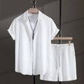 Men's white cotton blend beach shirt and shorts suit with loose cardigan style