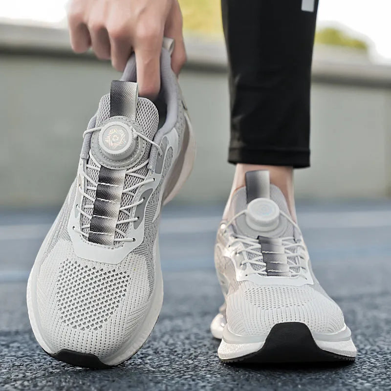 Men's white rotating button running shoes with breathable mesh upper and buckle fastening