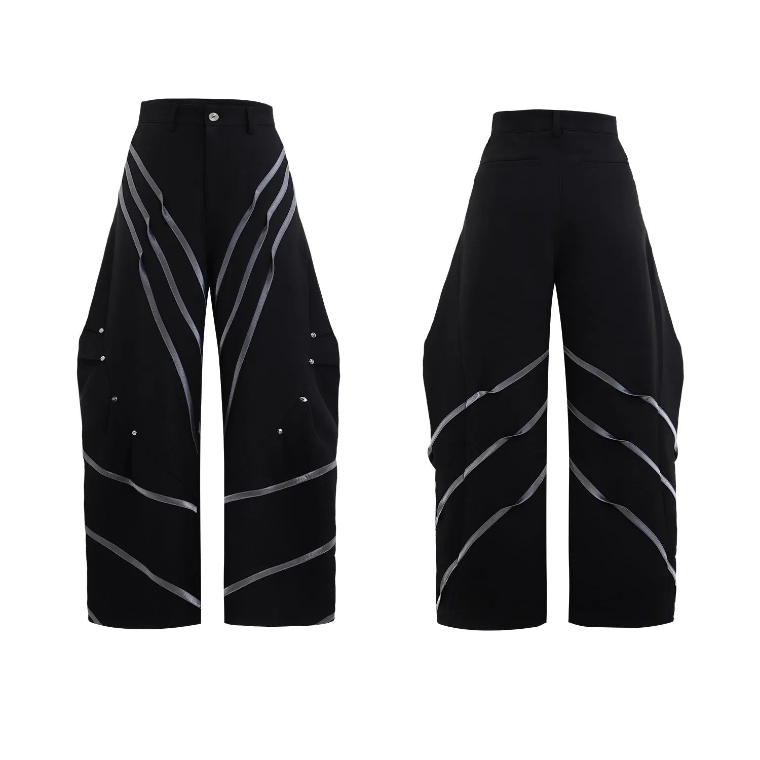 Men's black polyester trousers with front pleats and metal striped rivet details.
