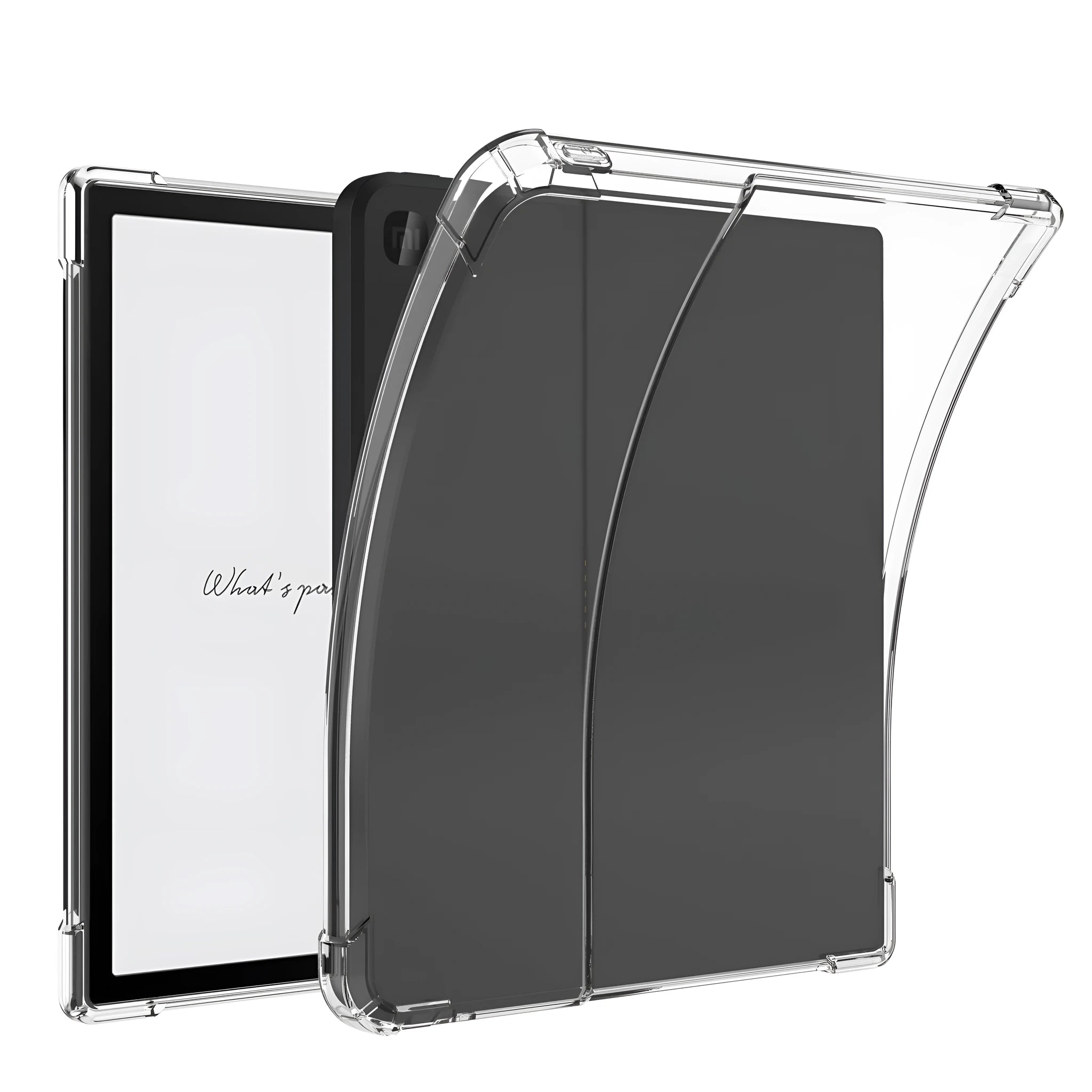 Transparent airbag phone case for a Xiaomi e-book device on a table.