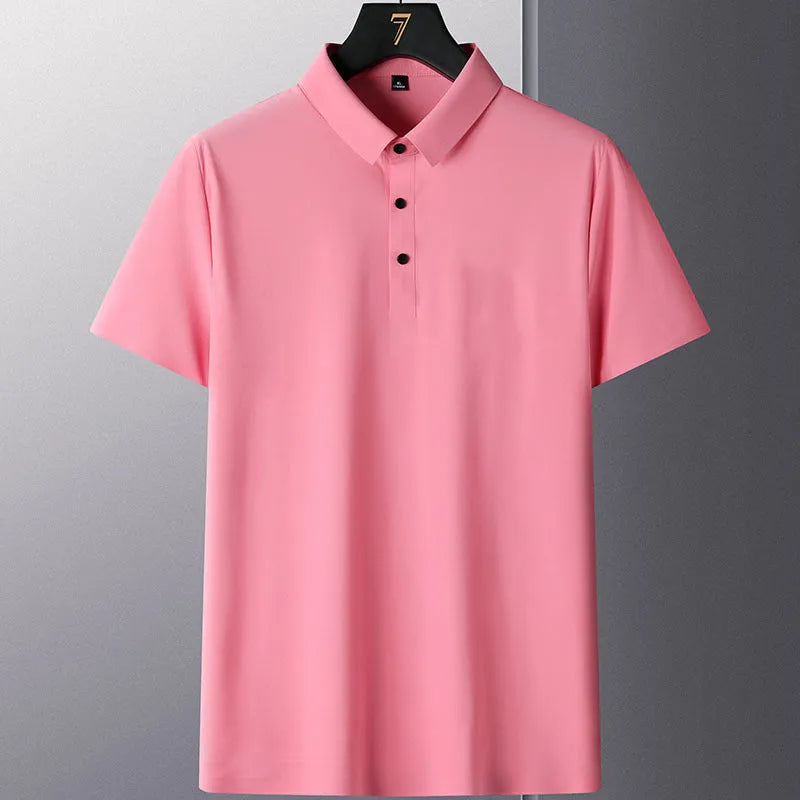 Men's solid colour non-ironing business casual short sleeve shirt on a hanger.