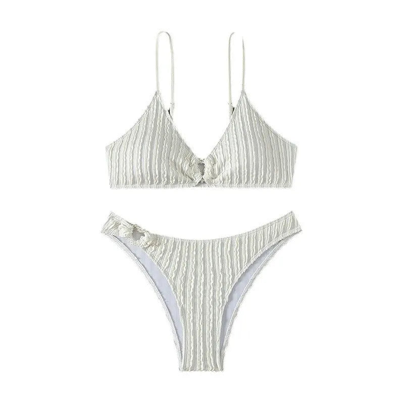 White women's V-neck swimsuit with beach split style and sleeveless design