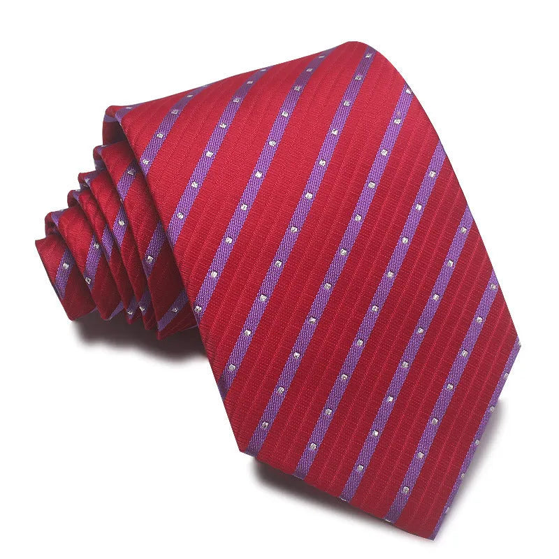 Men's red and black striped polyester jacquard tie with an arrow shape laid flat