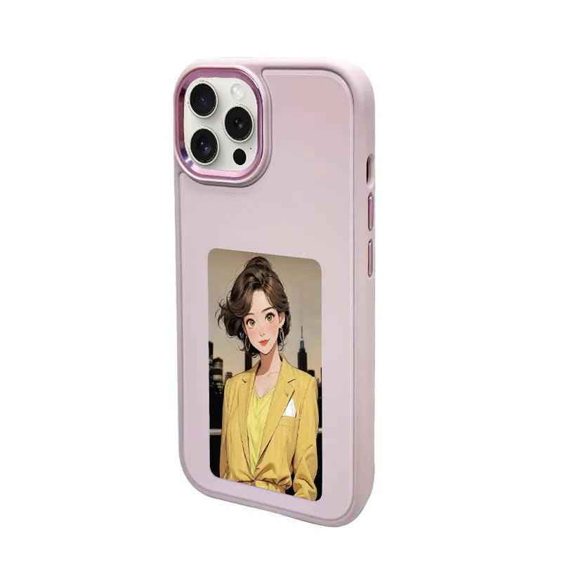 NFC E-ink screen bracket phone case for iPhone Pro Max in green, pink, or black.