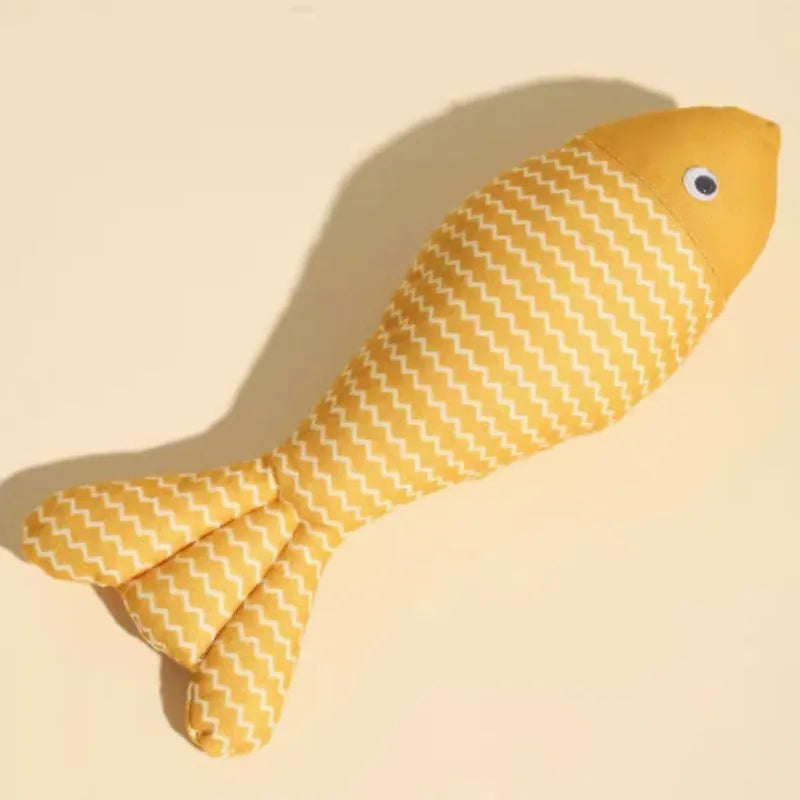 Catnip stuffed fish toy for cats in blue, red and yellow colour options showing large and medium size comparison