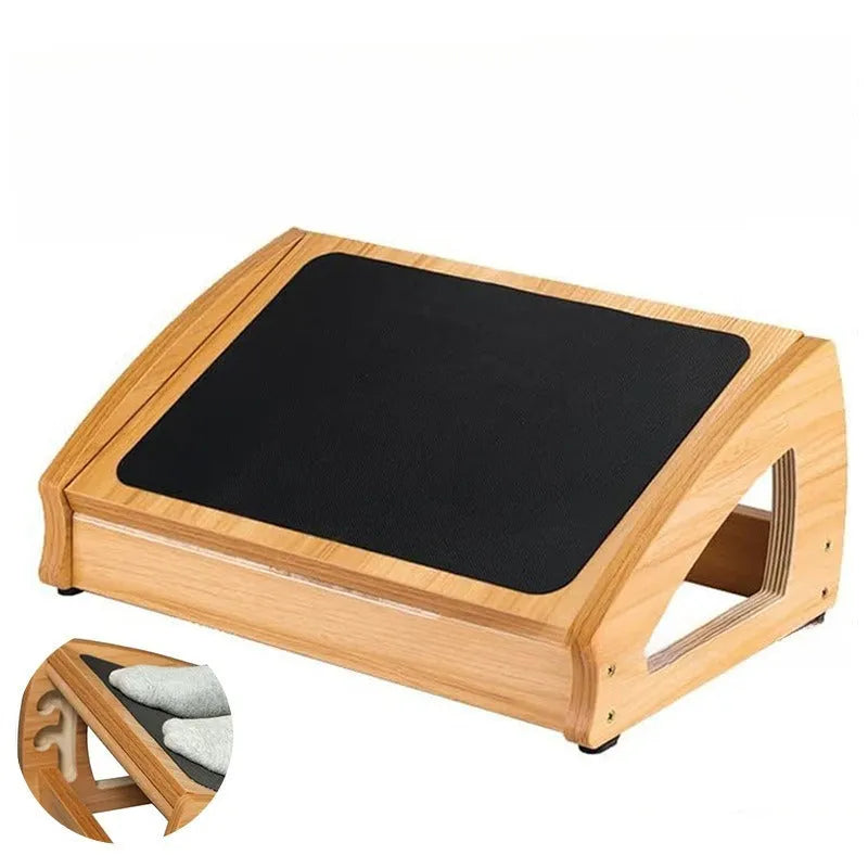 Wooden bamboo adjustable office desk footstool in natural wood colour, showing modern minimalist design.