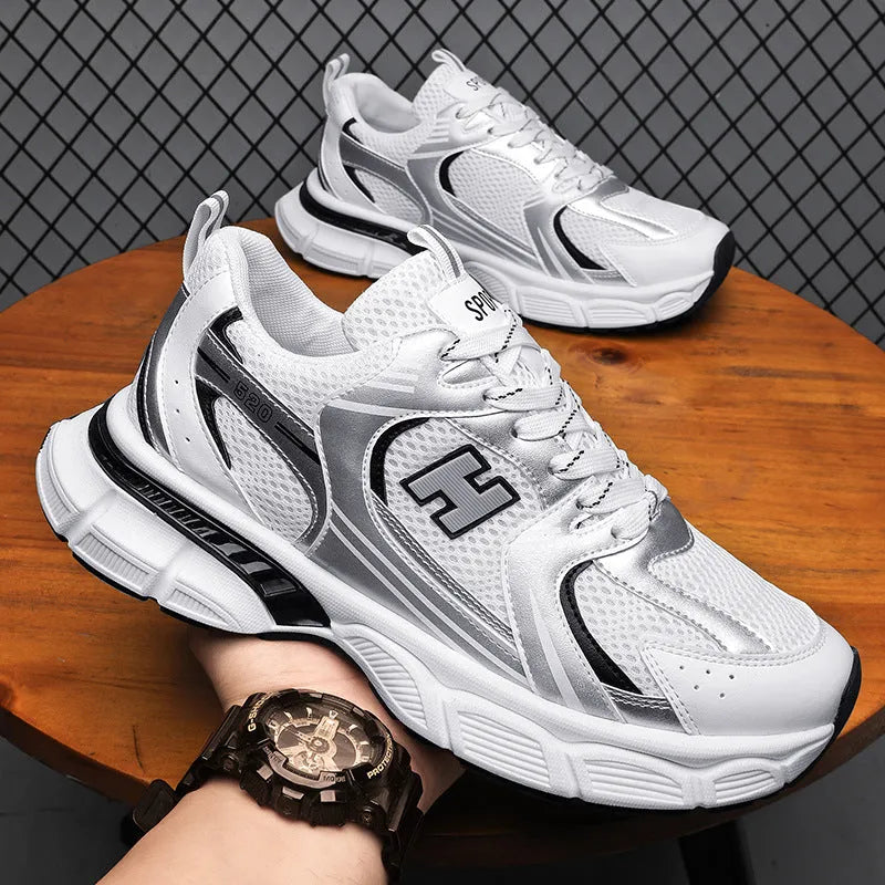 Men's mesh casual running shoes with plastic soles in black, white and gray, or white orange colours