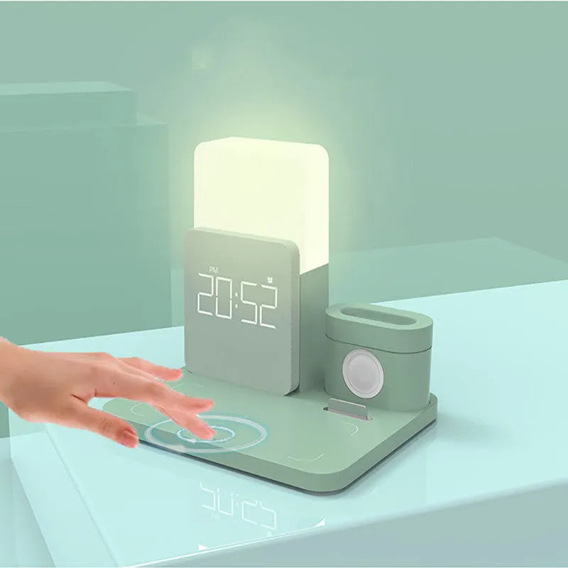 3-in-1 Qi wireless charging stand showing phone, smart watch and earbuds charging simultaneously