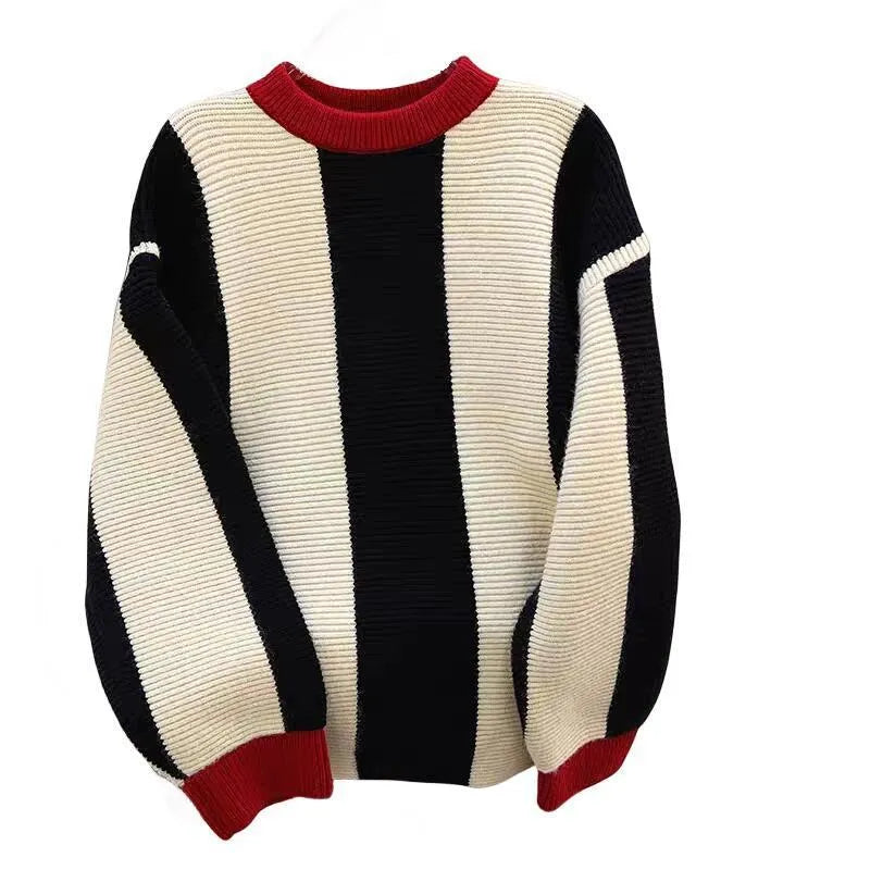Women's striped cashmere pullover sweater in contrasting colours with round neck.
