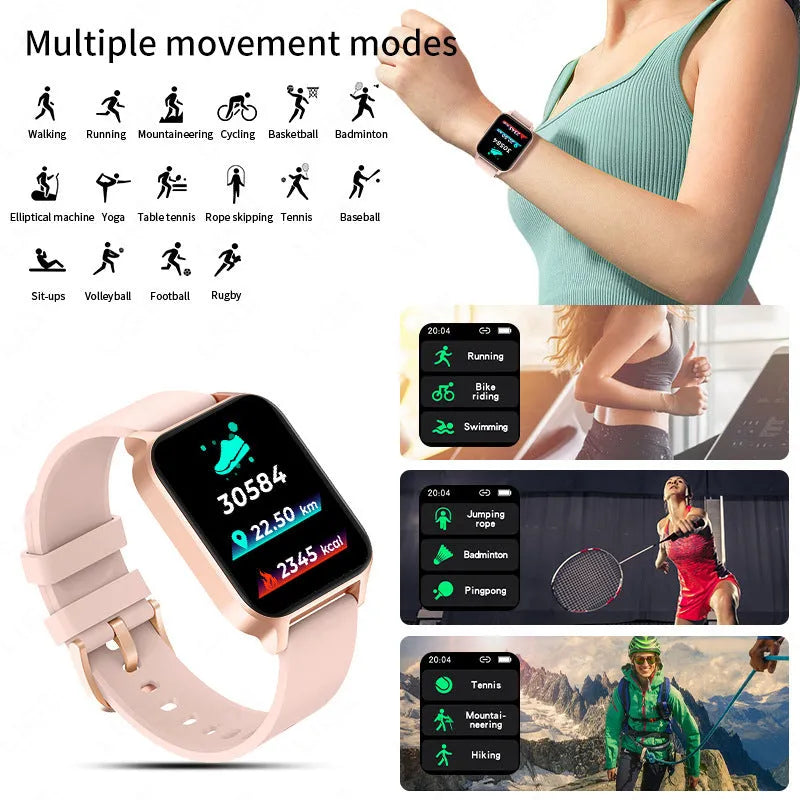 Smart colour screen watch showing health metrics on display, available with black or rose gold mesh and tape straps.