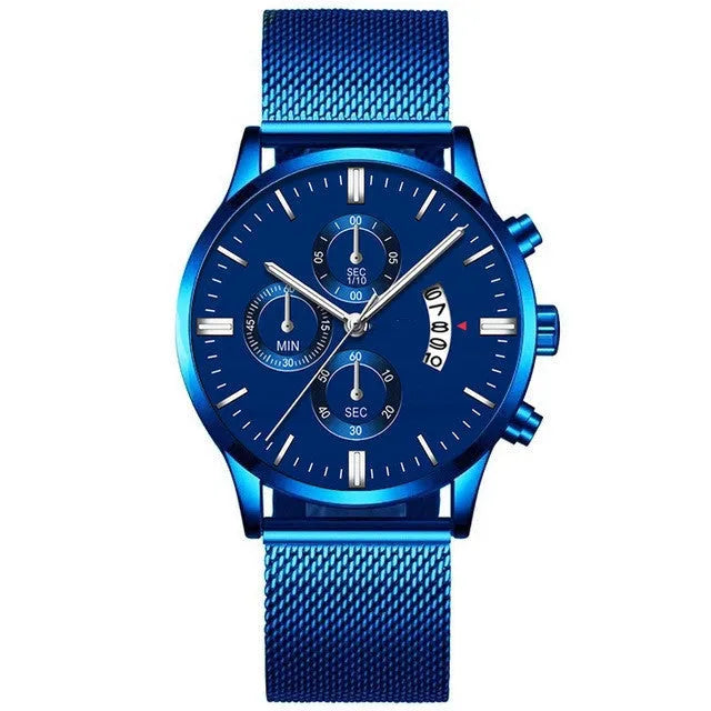 Men's stainless steel quartz watch with mesh band in a two-tone colour option.