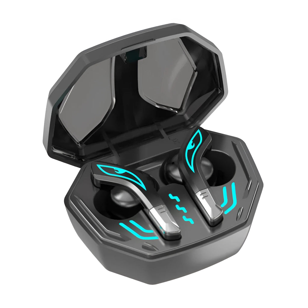 X15 black wireless in-ear Bluetooth gaming headset with charging case on a grey background.