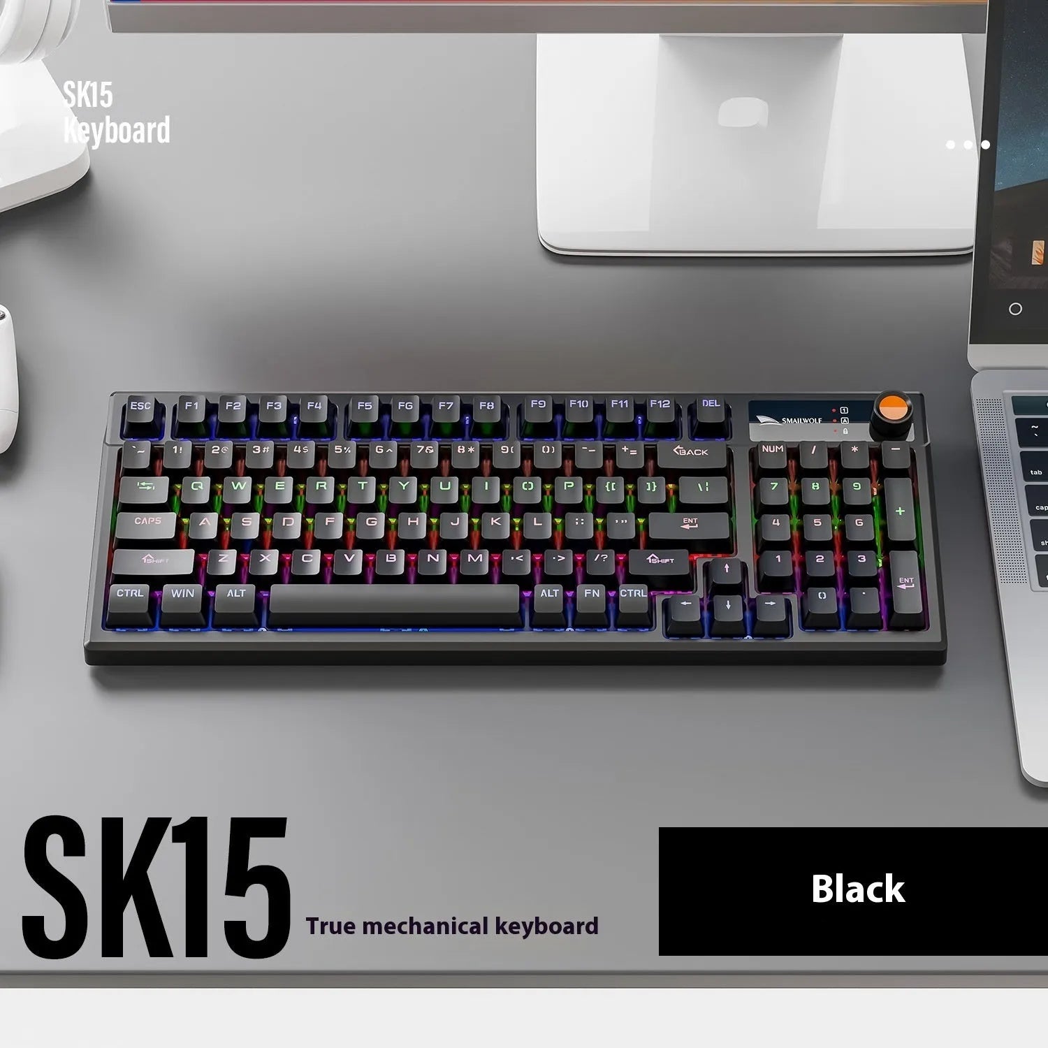 SK15 wired mechanical keyboard with volume knob in sunset orange colour beside laptop