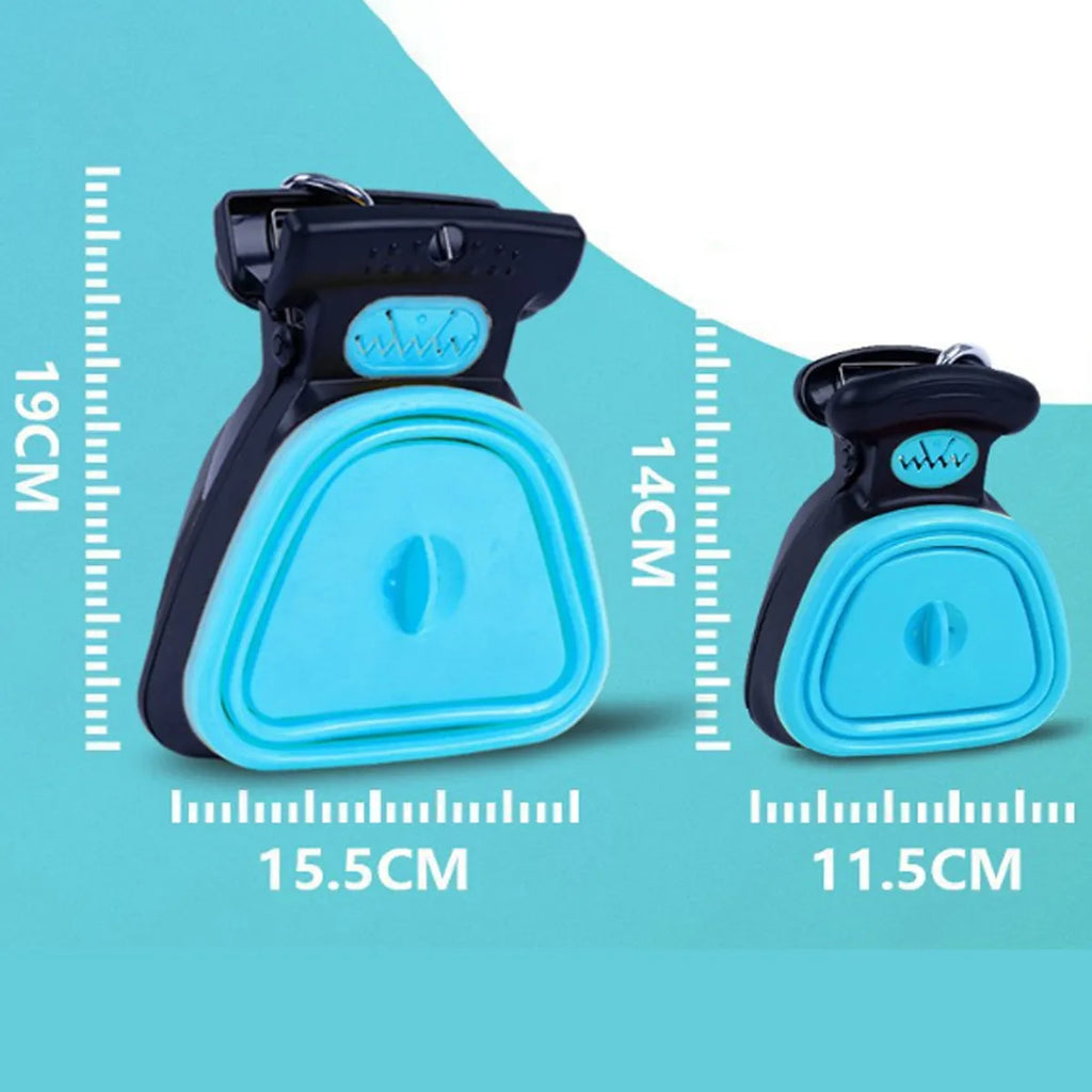 Blue portable handheld dog pooper scooper with expandable waste container and carabiner clip.