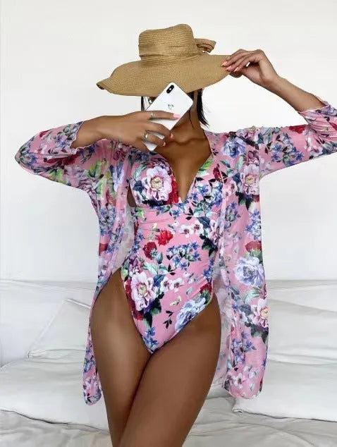 Women's floral print tight bikini and matching cover-up set in a choice of seven colours.