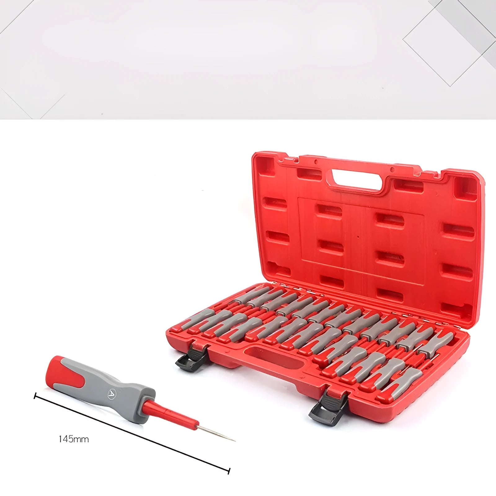 25-piece car terminal harness removal tool set with removal needles and pull-out keys in organiser tray