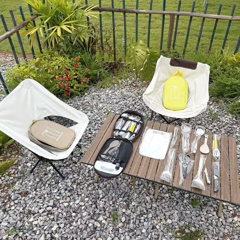 12-piece stainless steel picnic kitchenware set in khaki green brown storage bag for outdoor dining