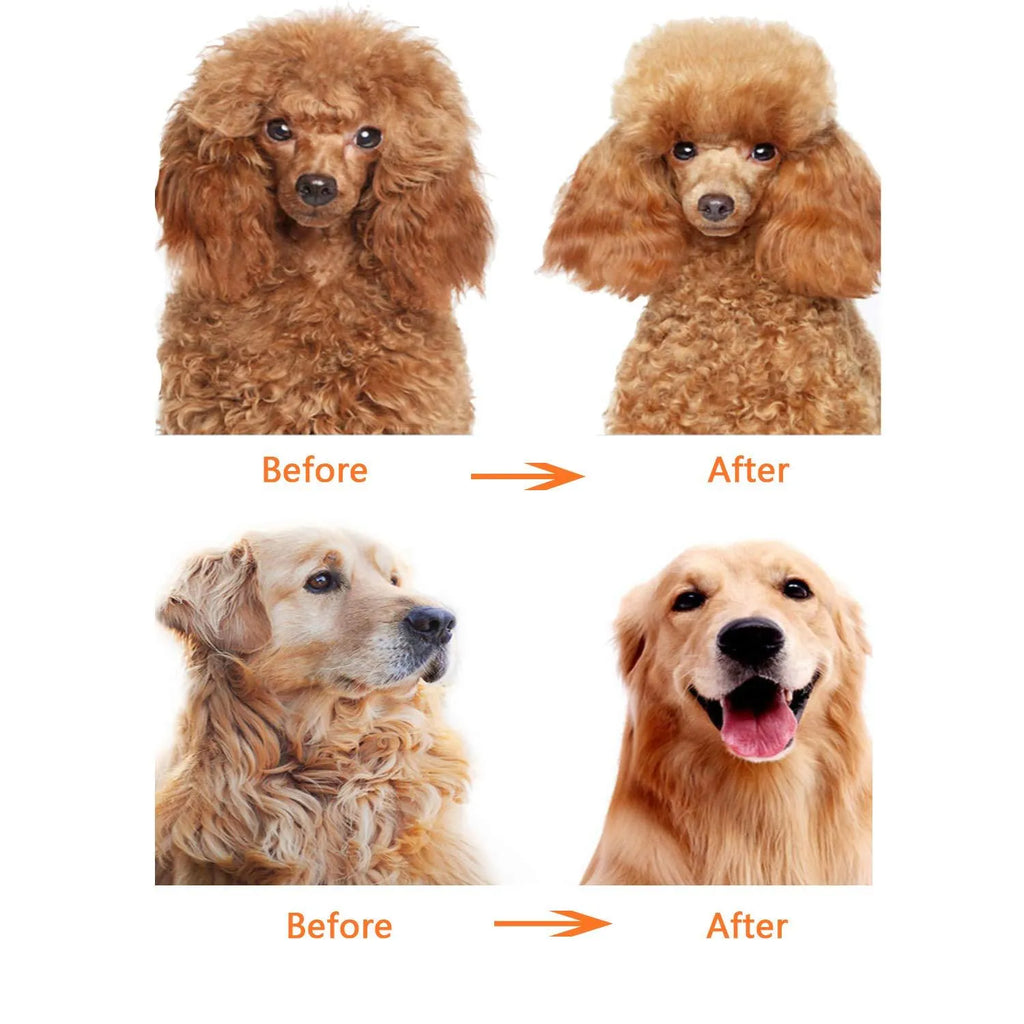 Red plastic handle pet grooming comb with rows of short and long stainless steel teeth