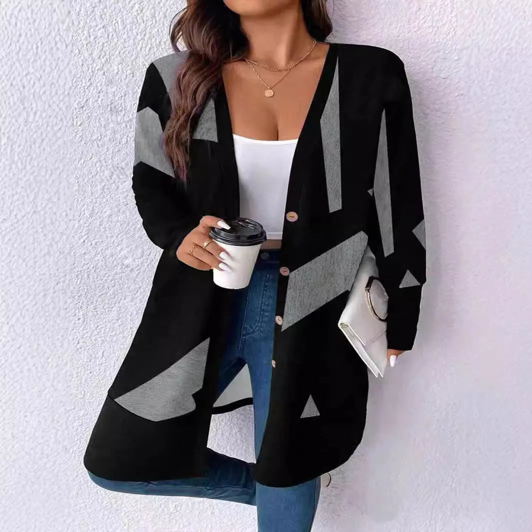 Black plus size loose knit cardigan coat with button front and stitching details