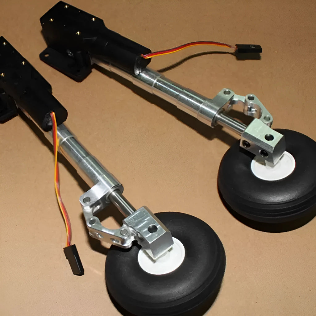 Alloy retractable shock-absorbing landing gear for RC aircraft with wheels.