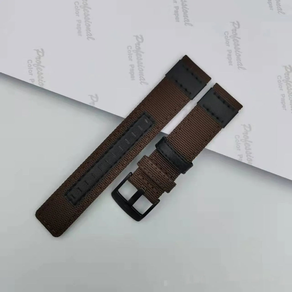 Oxford cloth watch strap shown in multiple colours including camouflage, black, and army green, with size labels for 20mm, 22mm, and 24mm widths.