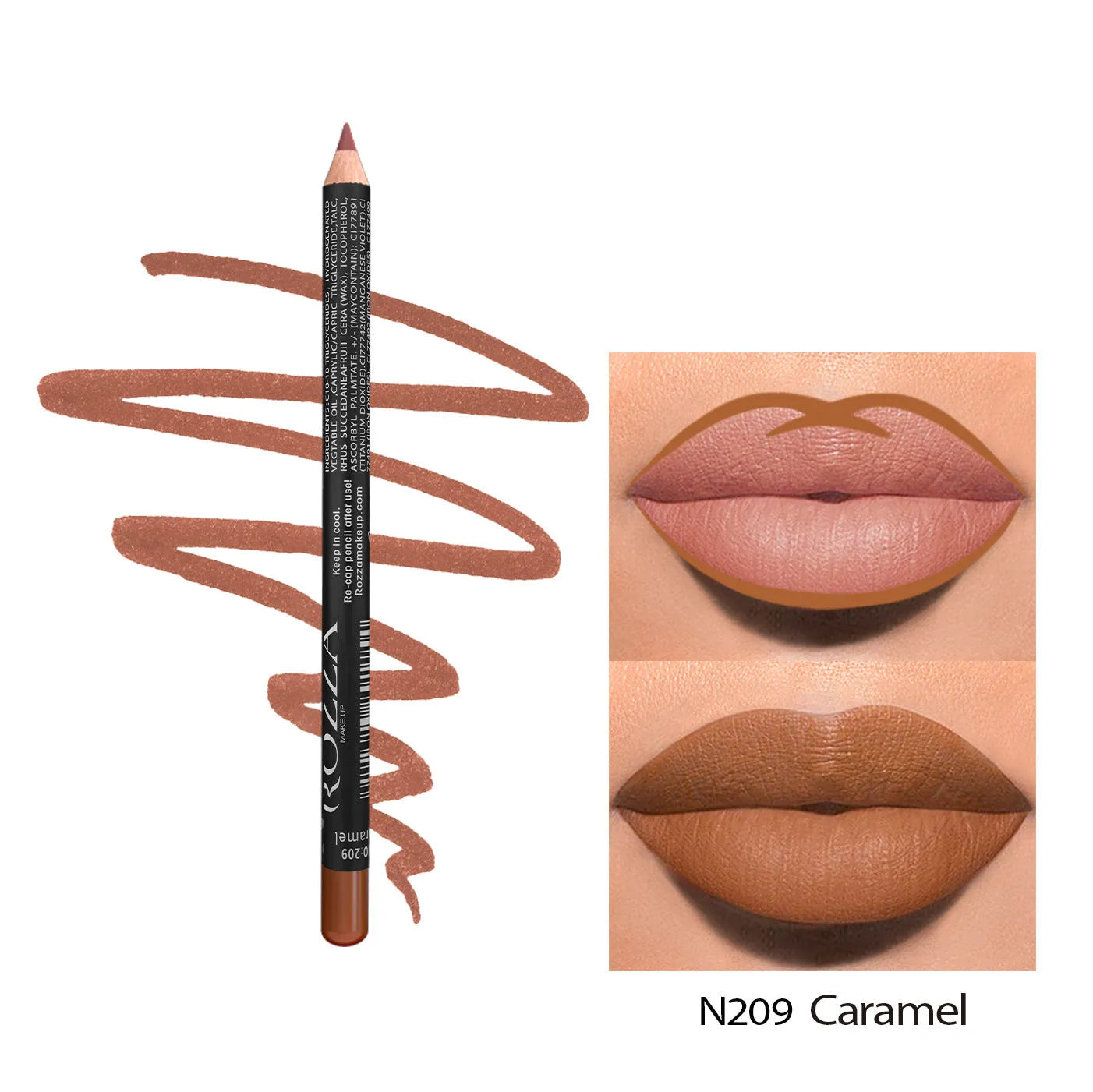 Matte lip liner in wood finish showing rich colour payoff with 14 shade options from 201 to 214