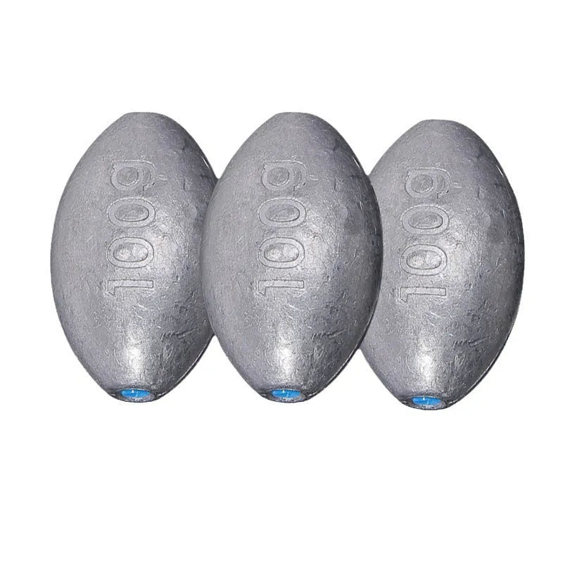 Olive lead fishing sinker with plastic core, rugby shape, and scale pattern in weights from 10g to 150g