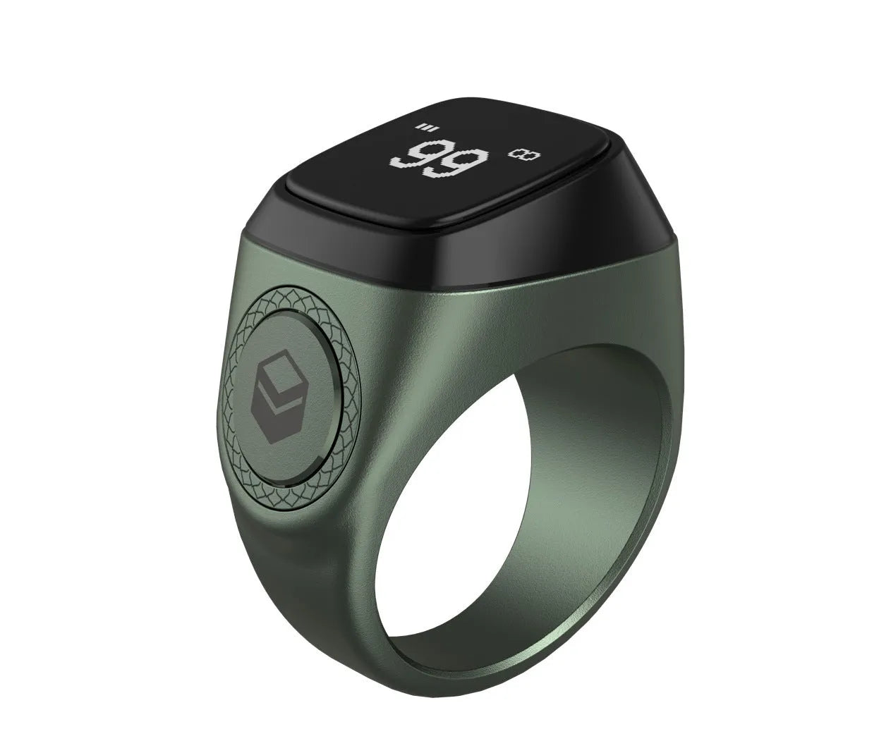Zikr1 smart ring with OLED display showing prayer times, available in black, green, rose gold, and silver colours