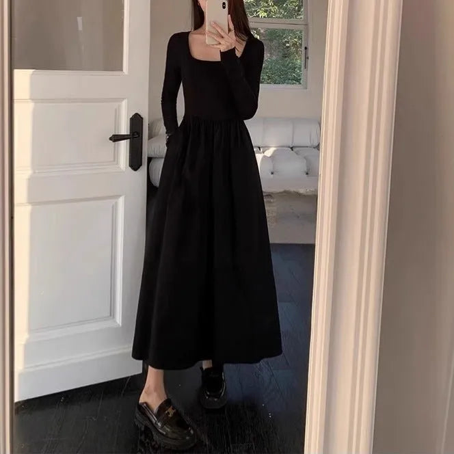 Women's square collar knitted dress with elastic waist and A-line long skirt in black or grey