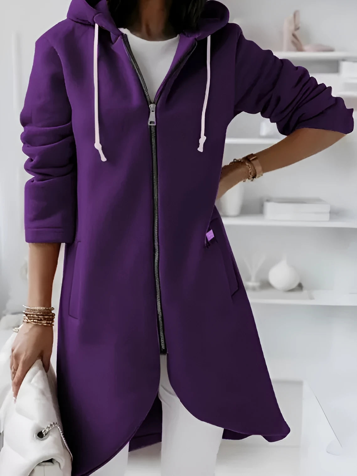 Polyester zip hooded sweatshirt with long velvet lining, front pocket, available in peacock blue colour