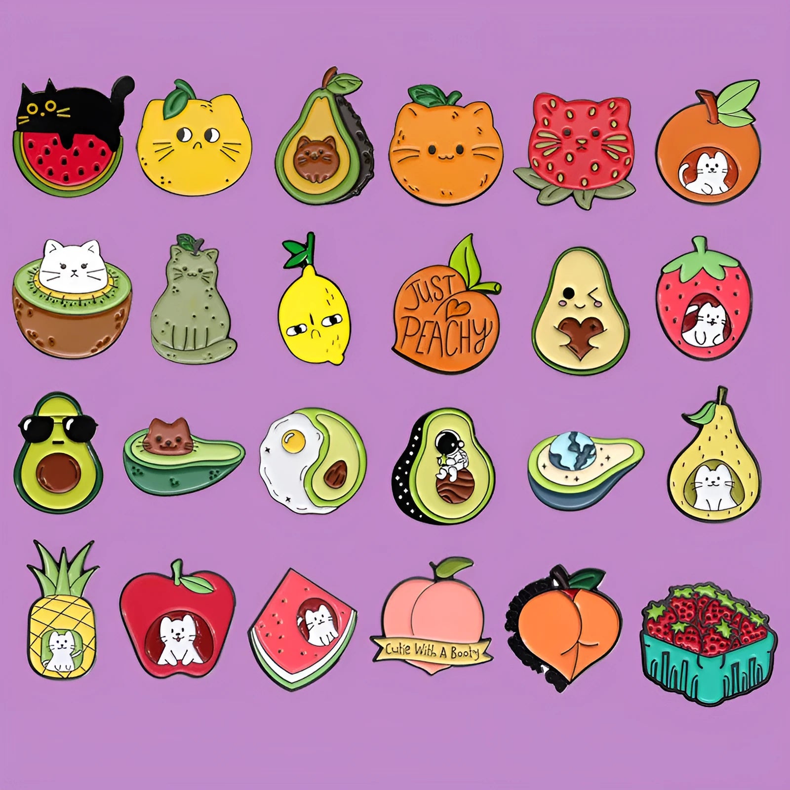Colourful cartoon fruit design on a silver-toned zinc alloy metal brooch with pin clasp.