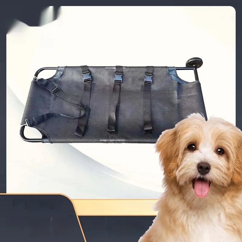 Large black folding pet stretcher with aluminium alloy frame for emergency dog transfer.