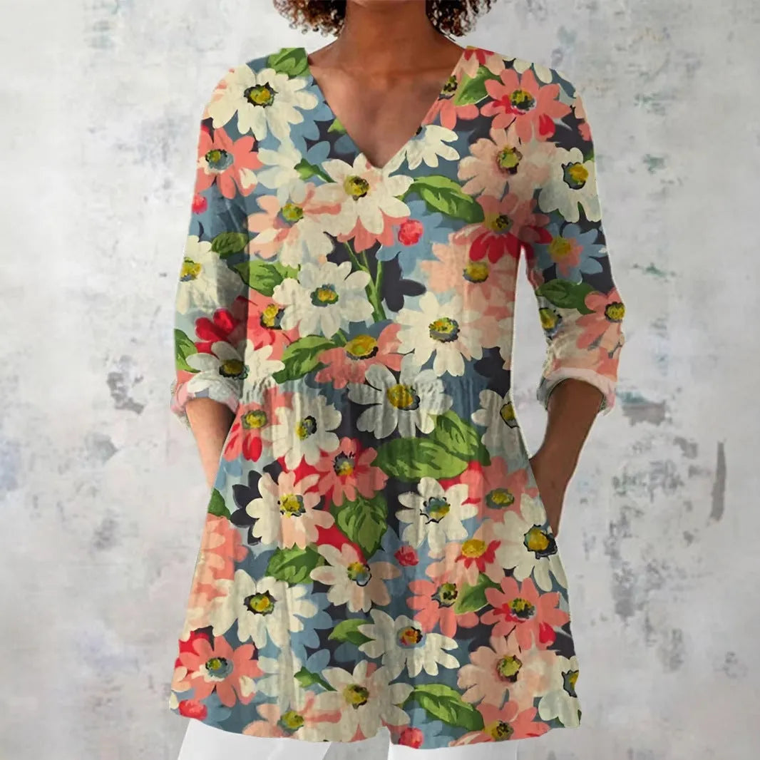 Women's slim-fit long-sleeved retro top with a digital print design on polyester fabric.