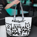 A blue waterproof woven handbag made from PP material with a colour printed pattern.